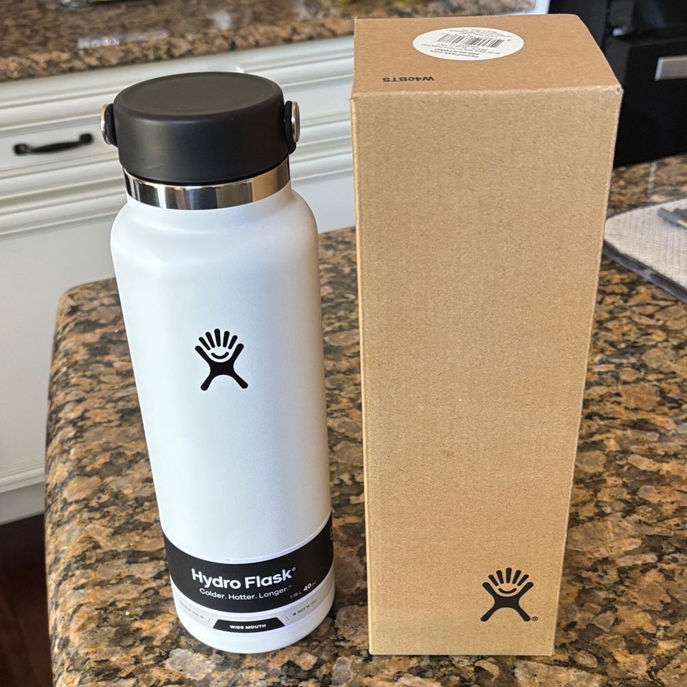 Hydro Flask White Bottle with Black Lid and Accents
